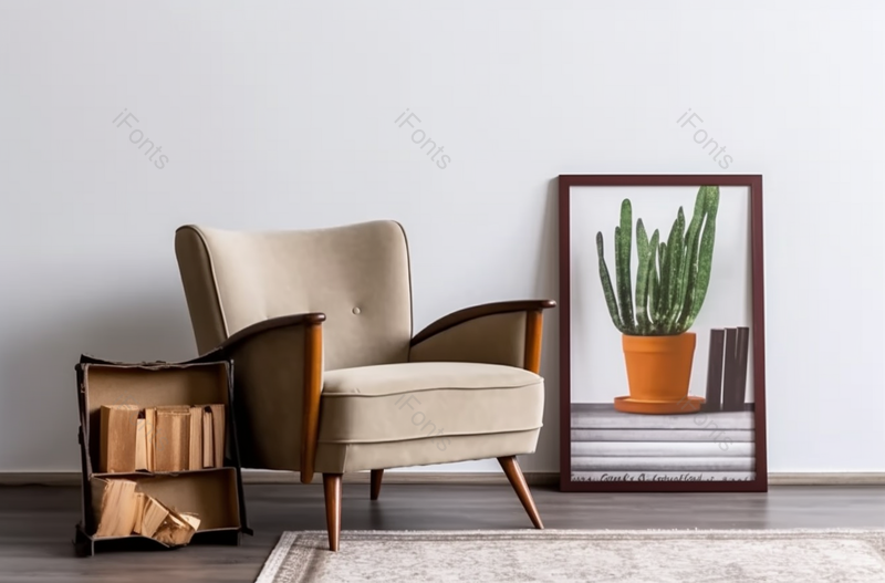 抽象图形在木框架旁边的绿色植物在陶瓷花盆和优雅的米色扶手椅和橙色杂志架,高清,摄影图,摄影图片,图片大全,摄影图免费下载